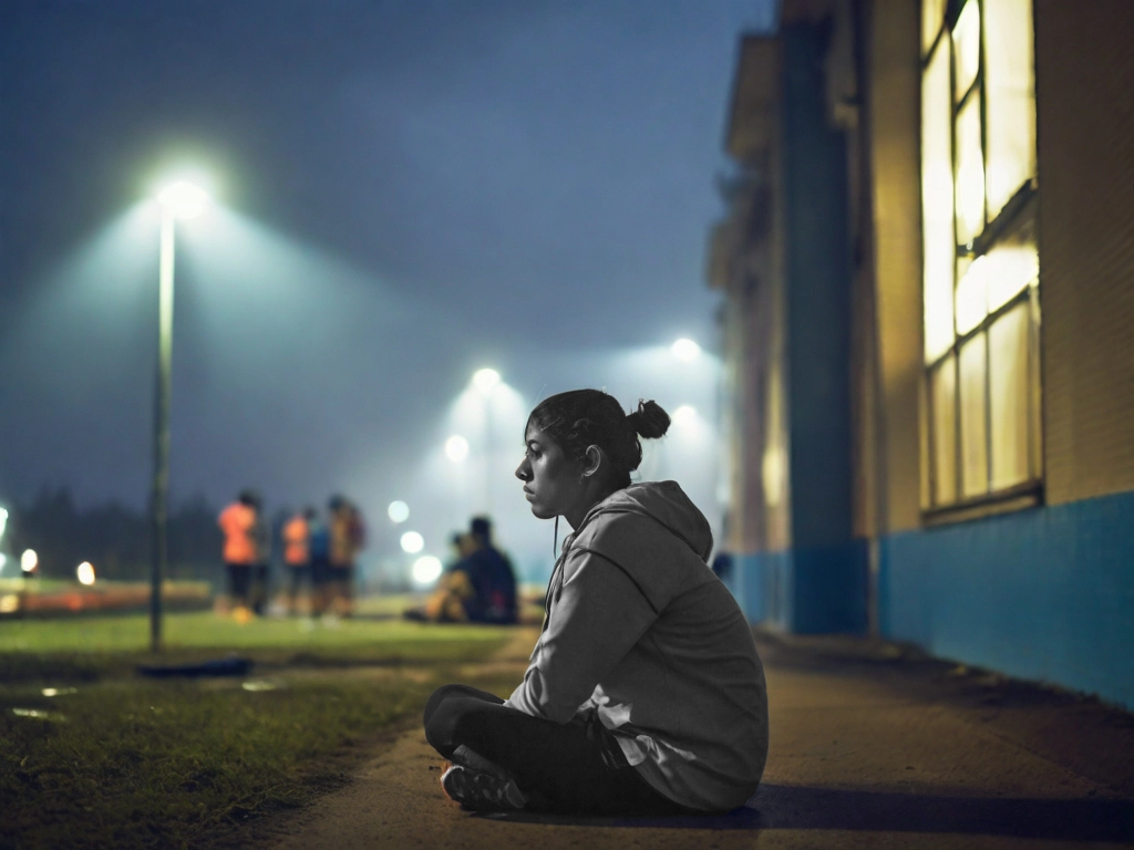 l'immagine è generata con l'Intelligenza Artificiale. Una donna con il volto triste è seduta a bordo di un campo da gioco. L'ambientazione è a colori, la donna invece è in bianco e nero per enfatizzare la sua tristezza e l'impossibilità di giocare con i suoi compagni.