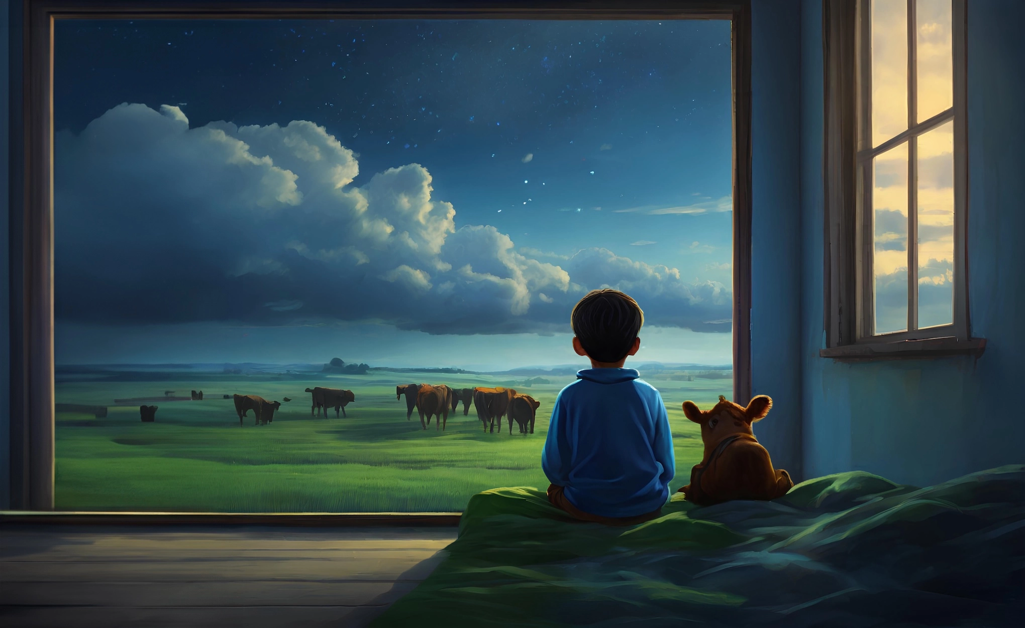 l'immagine è generata con l'Intelligenza Artificiale. Un bambino visto di spalle è seduto con il suo peluche dentro una stanza con muri blu e un pavimento in legno. C'è una grande finestra frontale che da su una distesa verde in cui ci sono delle mucche che pascolano