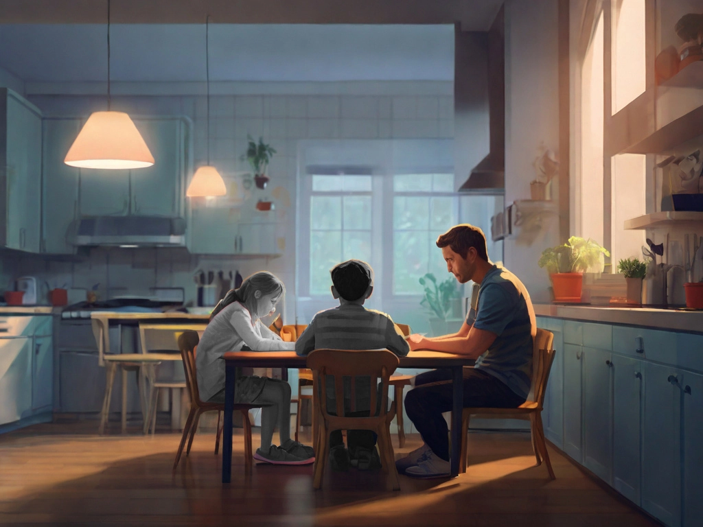 l'immagine è generata con l'Intelligenza Artificiale. Un uomo è seduto a tavola con i suoi due figli. I figli sono in bianco e nero perché non esistono, il resto dell'immagine è a colori. Tutti e tre i soggetti hanno un volto triste.