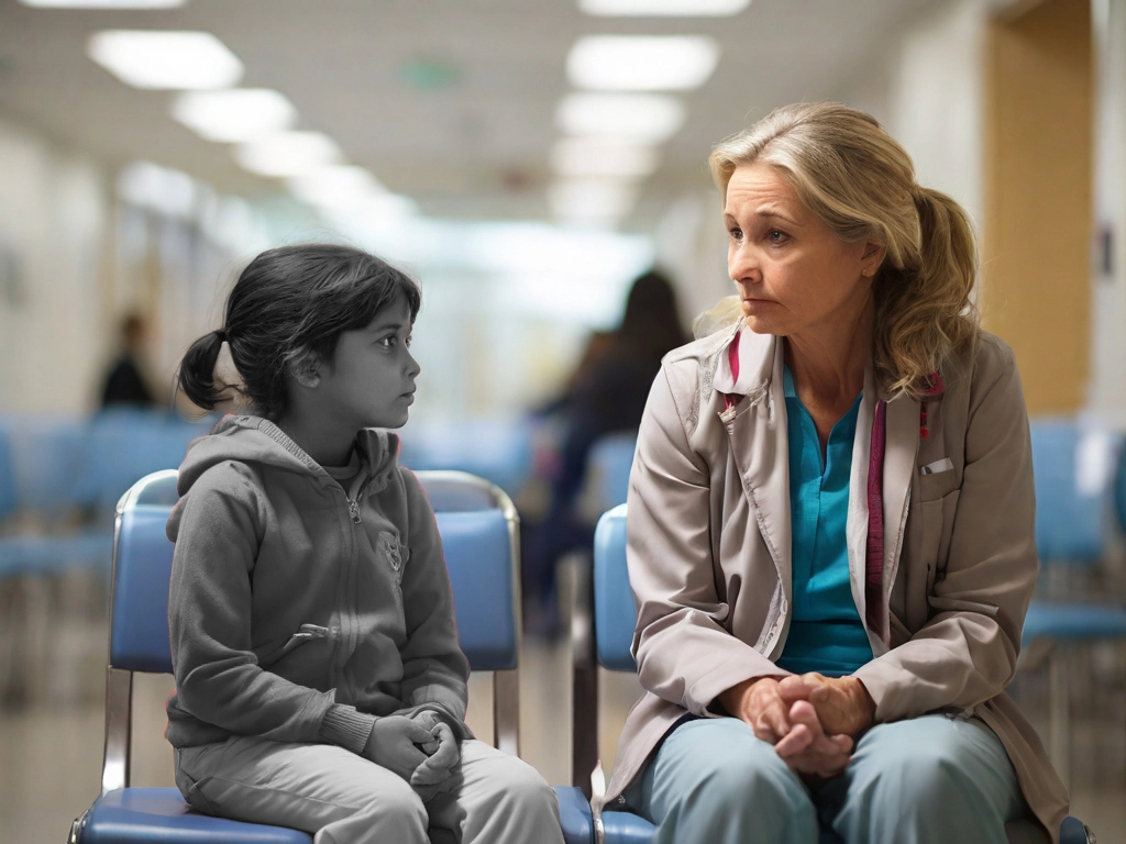 l'immagine è generata dall'Intelligenza Artificiale. L'immagine è ambientata in un ospedale. Una bambina e una dottoressa siedono una accanto all'altra. Entrambe hanno il volto triste, la bambina è in bianco e nero per enfatizzare il suo disagio dovuto alla sordità.